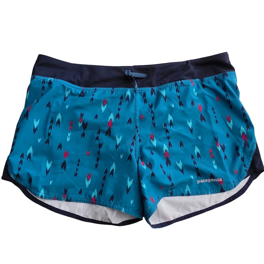 Patagonia Strider Running Shorts Womens Medium Teal Blue Ikat Arrow Print 3"‎